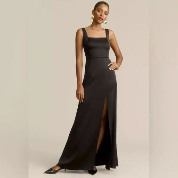 ANTHROPOLOGIE x BHLDN Sophia Square-Neck Satin Maxi Dress Black Sz S $248  {3X4} - cruiseboatoman.com